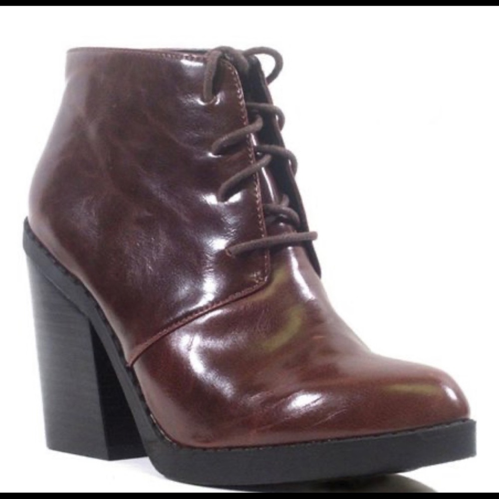 Brown leather lace up heeled boots